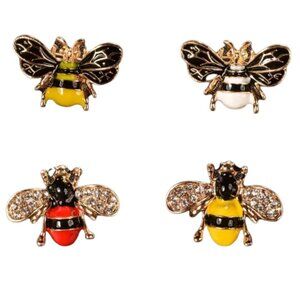 Bumble Bee Pins/Brooches 4pc Set Enamel & Rhinestones Small Brooch Whimsical